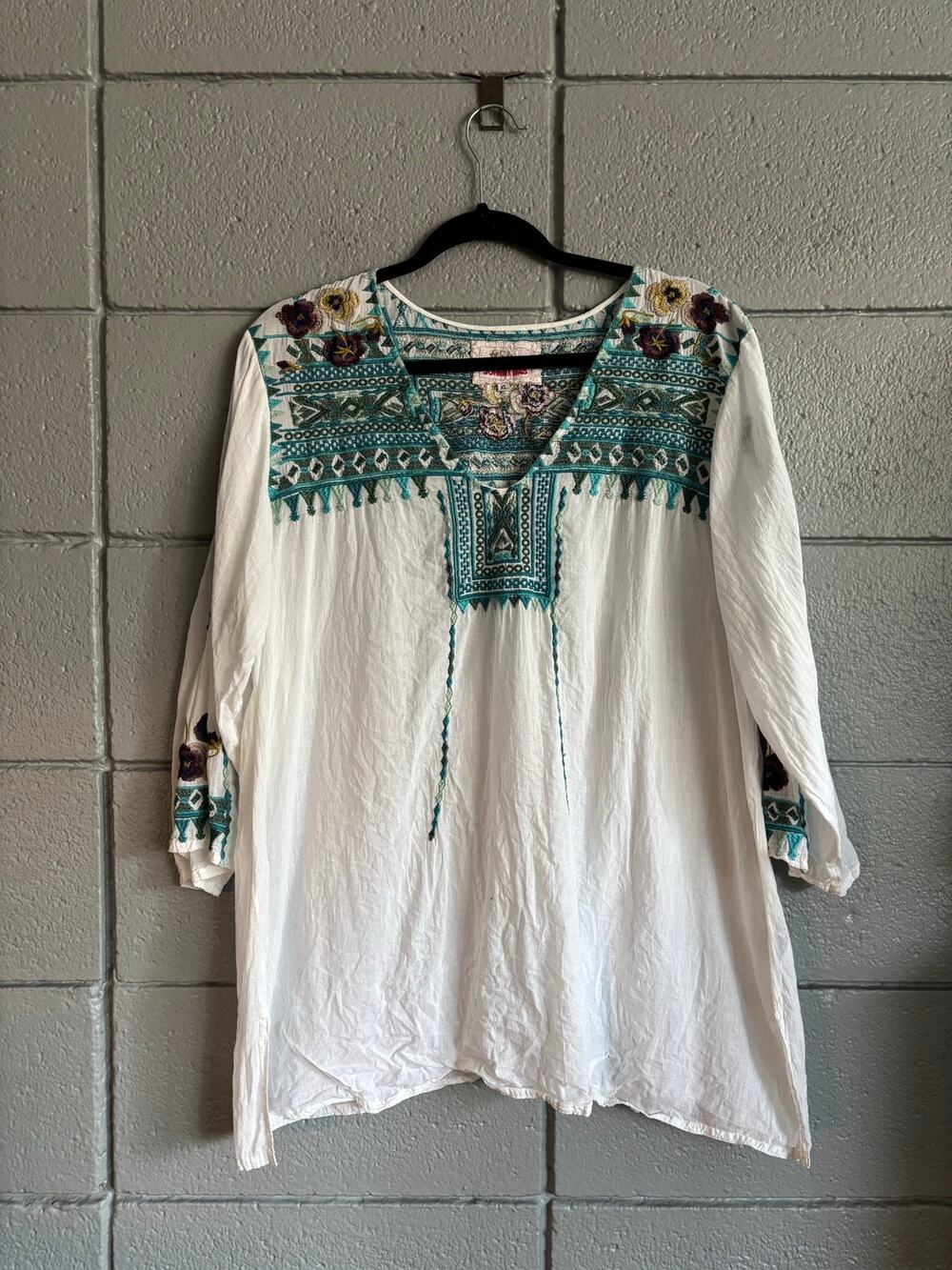 Johnny Was Biya Embroidered 100% Cotton Peasant Tunic Blouse size XL